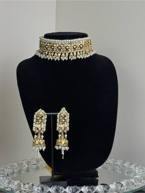Ethnic Indian Wear Gold and White Pearl Choker Necklace with Matching Earrings